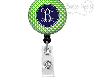Retractable Badge Holder - Green and Navy Geometric Circles Badge Reel - Nurse Badge Holder -Retractable Badge Reel -Initial Badge Reel-0104