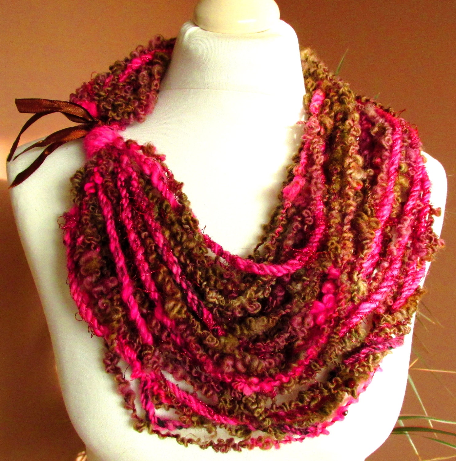 Wool jewelry Art yarn necklace Wool long necklace Brown