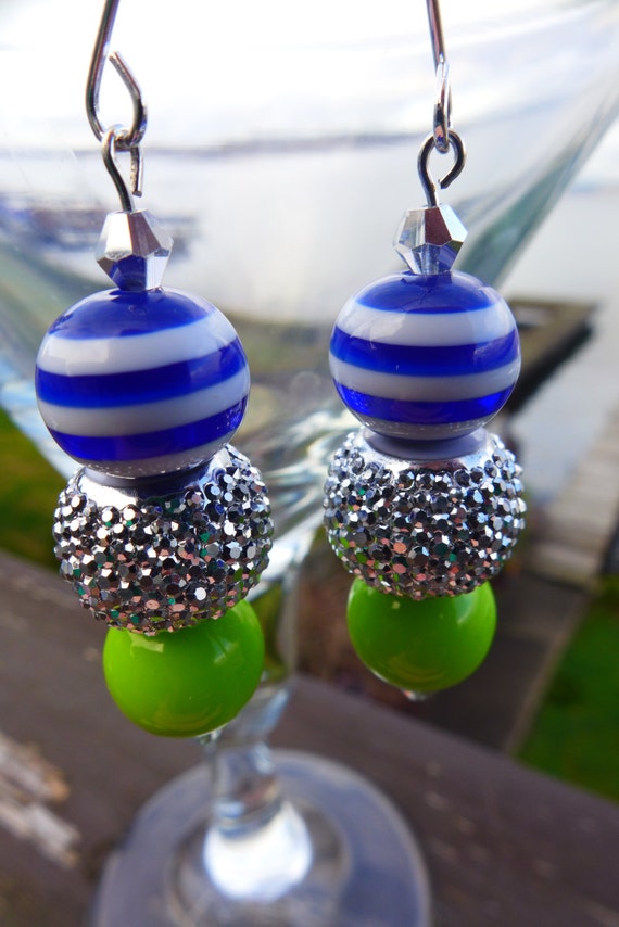 SEAHAWKS 12th FAN Inspired Blue & Green Gameday Bead Earrings, Bling Drop Style