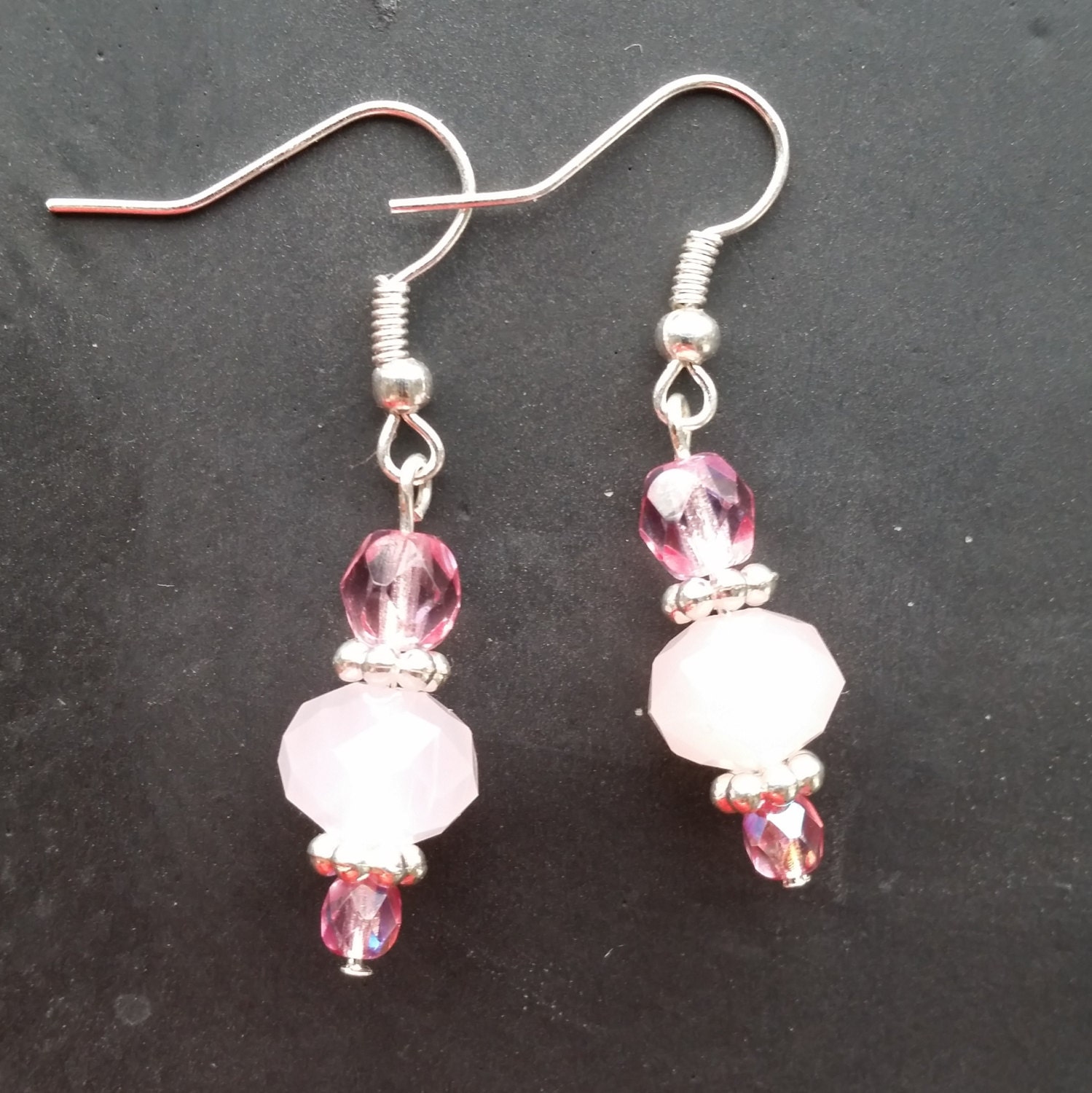 Pink Beaded Earrings Faceted Pink Glass Bead Earrings Pink