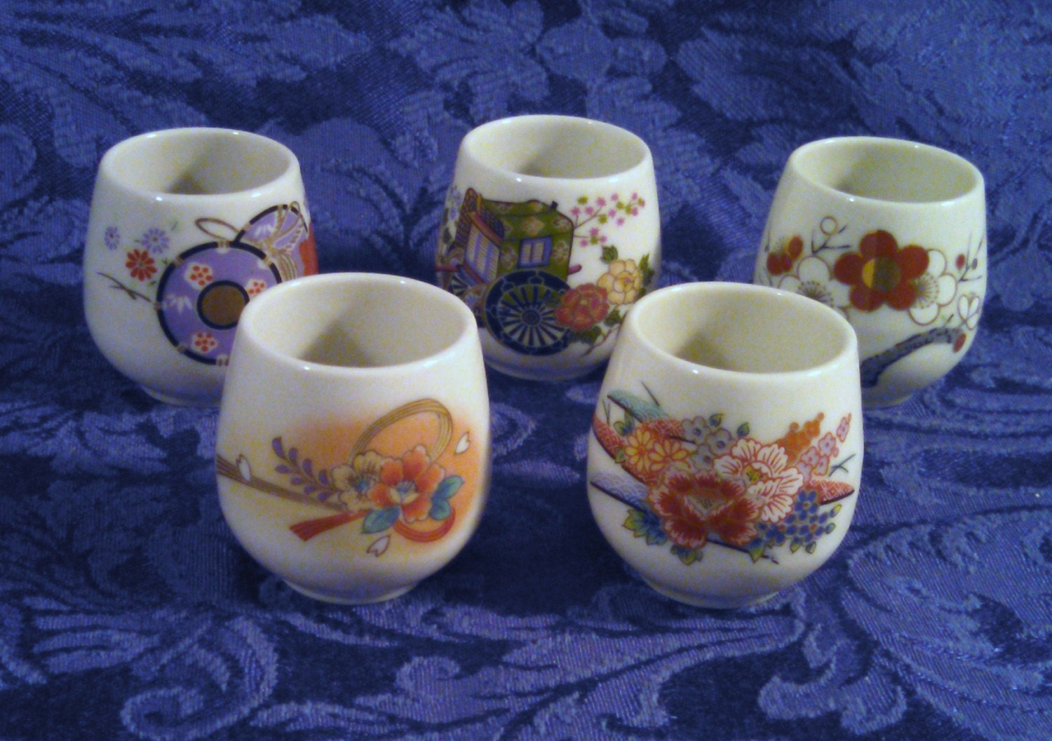 Vintage Japanese Porcelain Ochoko Sake Cups Set of 5 Floral