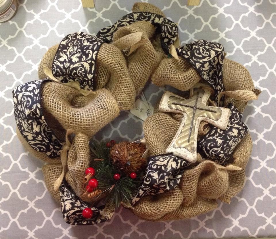 Small Holiday Wreath - Burlap & Ribbon Ceramic Cross