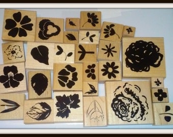 Lot of 28 Wooden Rubber Stamps for Scrapbooking or Paper Crafting - All Floral Designs - Mostly Close to my Heart brand