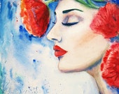 2+1 print free,Watercolor painting,"In poppys", wall decor, art print, mothers day gift,Illustration,girl painting