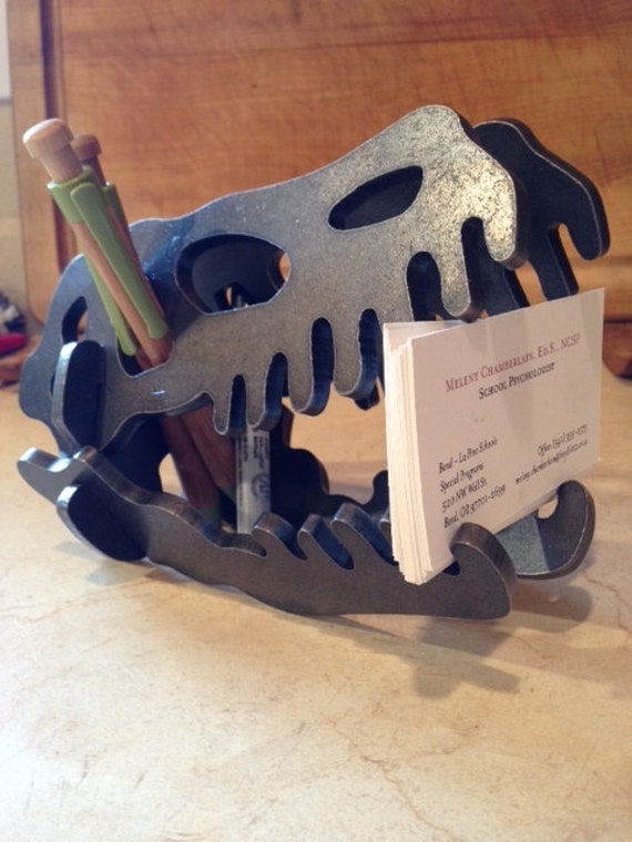 Steel Business Card Holder & Picture Frame. T-Rex, Velociraptor, Dinosaur Skull, 3D Puzzle, Sculpture, Metal Art Furniture, Office Decor.