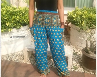 Blue Elephants Printed Yoga Pants Hippie Baggy Boho Gypsy Pantalon Tribal Hipster Plus Size Aladdin Clothing Baggy Unisex Harem Trousers