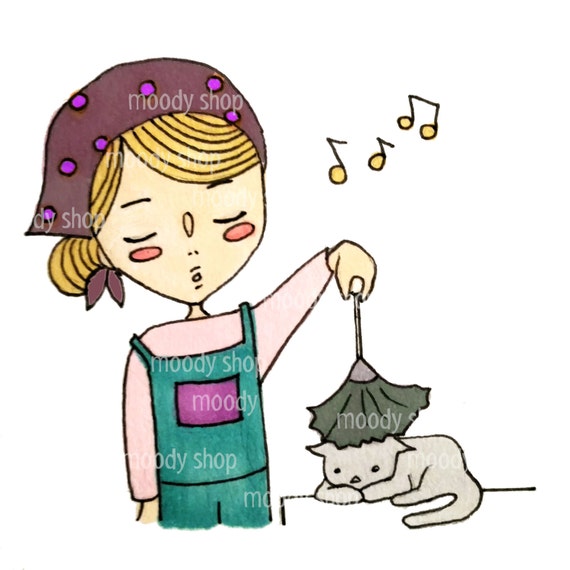 Moody Cleaning Girl Dusting Clipart Handdrawn by