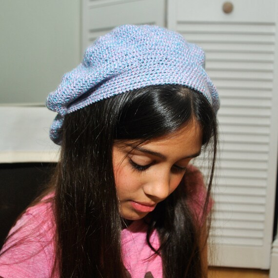 Gilr's Hat Beanie Beret Light Blue Pink Woven Hand Knit
