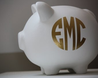 Large White and Gold Monogram Personalized Piggy Bank
