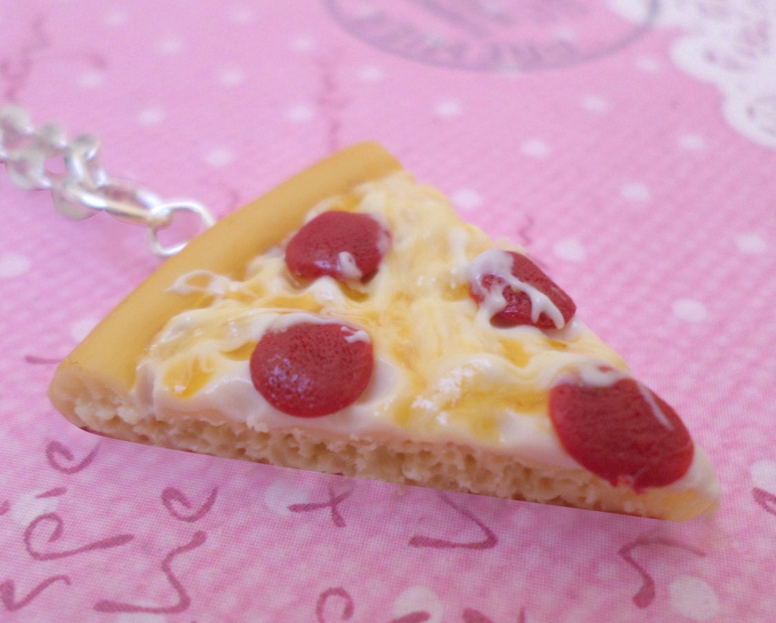 Kawaii Pepperoni Pizza Necklace Polymer Clay Food by Cherrydot