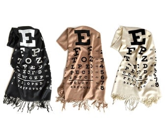 Eye Chart scarf. Linen weave pashmina, silkscreen print. Black, cream, sandy beige scarf. Optometrist gift, optician, eye doctor gift.