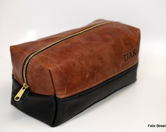 Bourbon and Black Leather Toiletry Bag Travel Shaving Dopp Kit with Free Monogram and Optional Interior Message Gift for Man Boyfriend