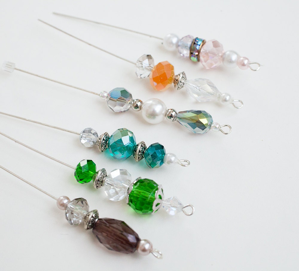 Set of 6 Beaded Stick Pins for Cards Scrapbooking