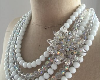 SALE Vintage Necklace, Wedding Necklace, Bridal necklace, Crystal, Milk Glass - Princess
