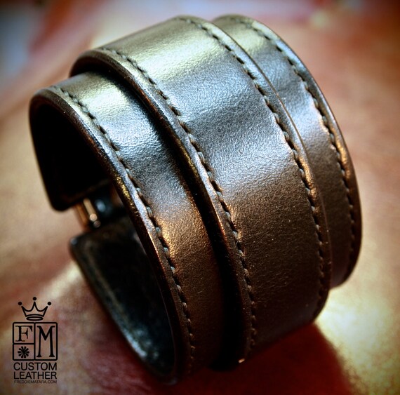 Leather cuff bracelet Black bridle leather with Fine handworked wristband Hand stitched and made for you in Brooklyn NYC by Freddie Matara