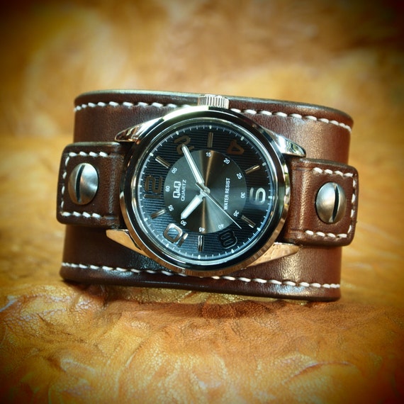 Leather cuff Watch Vintage Chocolate brown bridle leather watchband - handstitched leather watch band Made for YOU in NYC by Freddie Matara