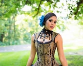 Steampunk Corset Vest - Pirate Renaissance Bridal Wedding Top - Gold Black Paisley -Custom to your size