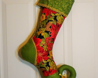 Christmas Stocking with Curly Elf Toe in Poinsettia Print