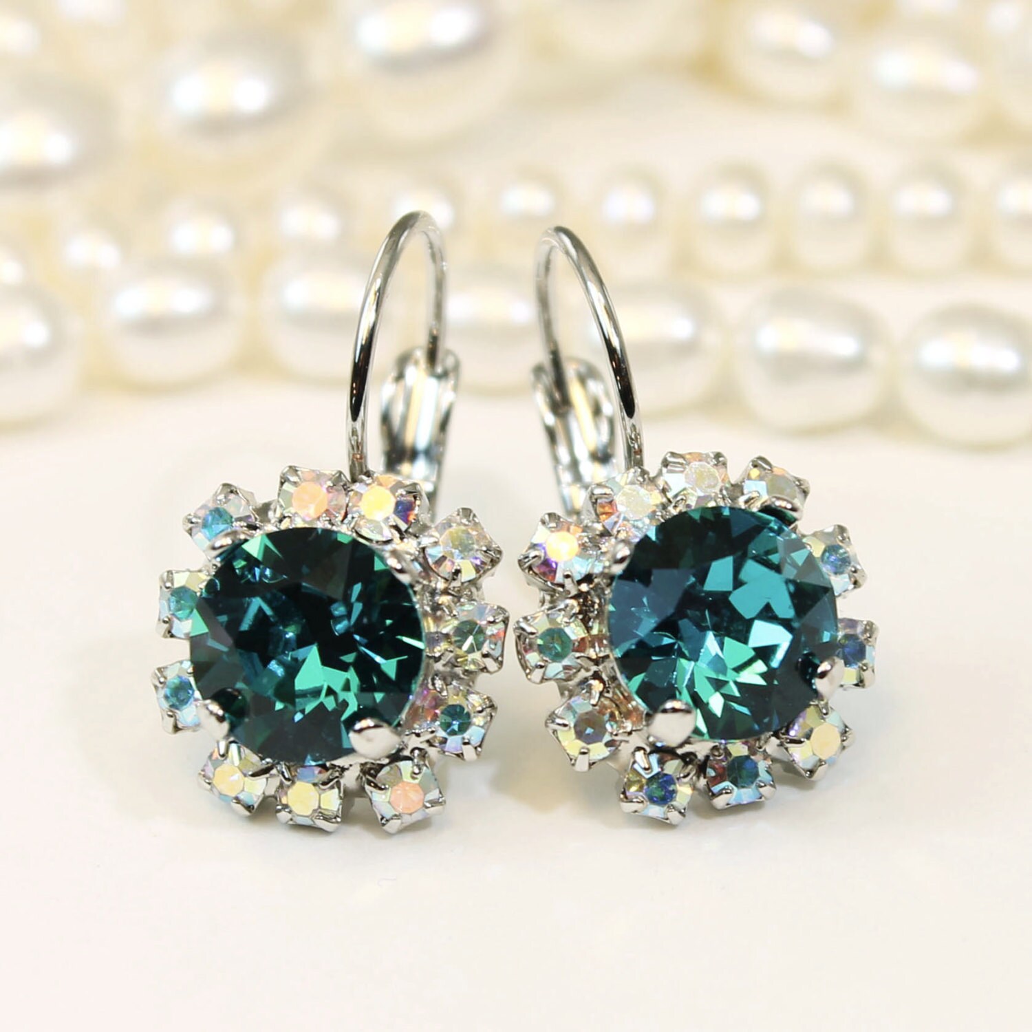 Teal Earrings Teal Crystal Earrings Teal Drop Earrings Peacock