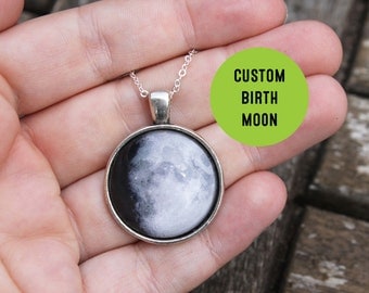 Custom Birth Moon Necklace - Personalised Moon Phase Necklace Glass Dome full moon Pendant Birthday Birthstone