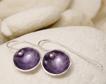 Purple Fused Glass Earrings, Enamel Silver Artisan Earrings, Small Round Silver Dangle Earrings, Simple Modern Hand Forged Silver Jewelry,