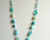 Blue green necklace, glass bead necklace, long necklace