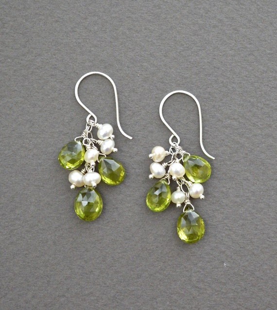 Peridot Earrings / Pearl Earrings / Green Gemstone by BlueRoomGems