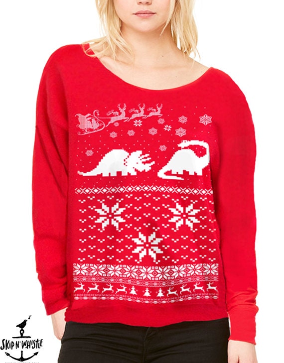 Ugly Christmas sweater women's Dinosaur Santa by skipnwhistle