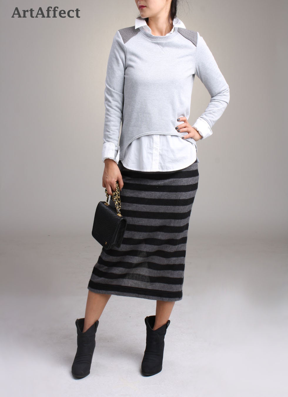 Striped Wool Sweater Midi Skirt Sweater Knit Pencil Skirt