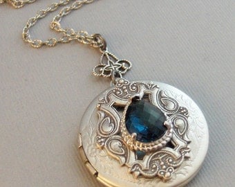 Victorian Sapphire,Locket,Antique Locket,Silver Locket,Sapphire Stone,Rhinestone,Vintage,BlueStone,Sapphire Birthstone Valleygirldesigns.
