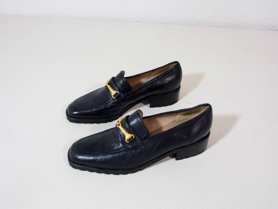 Vintage Navy Blue Leather Loafer Flats Size Womens 6.5