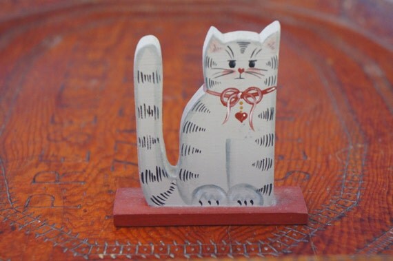 Vintage 80s 90s Hand painted Wooden cat Folk Art Cat