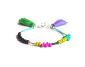 Beaded Friendship Bracelet, Green and Purple Leather Tassel Bracelet, Color Block Minimal Bracelet, Stacking Layering Bracelet