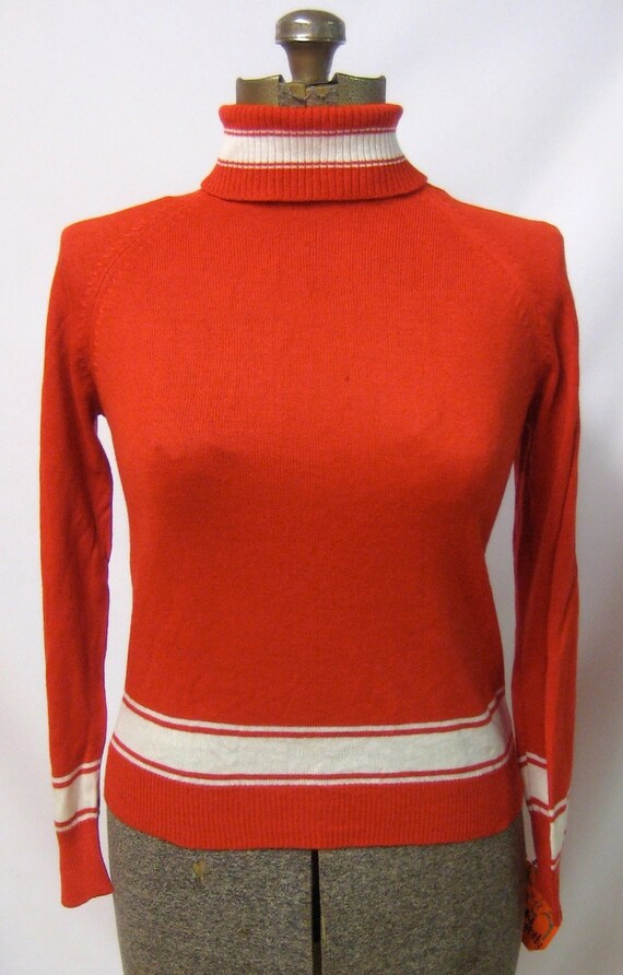 1960s Tomato Red And White Orlon Turtleneck By Polygolightly