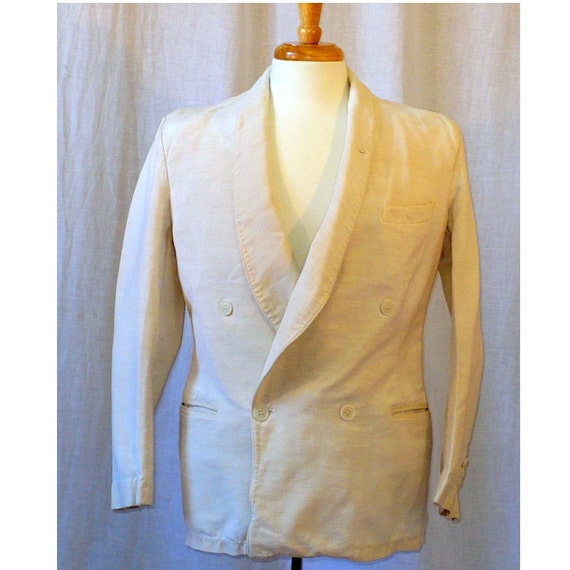 38/40, White Linen Dinner Jacket, Double Breasted, Ventless, Ventless, 1920's Vintage Men's
