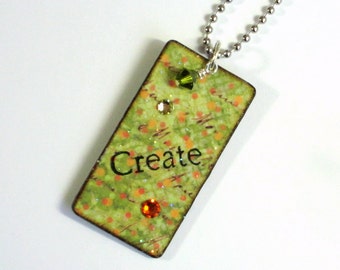 Lime Green Decoupaged Keychain Rectangle Wood Key Chain Swarovski Crystal Embellished Stocking Stuffer Gift for Her Under 10
