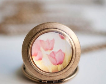 Spring Fashion Necklace, Pink Tulips, Mothers Day, Spring Florals, Small Locket, Photography locket