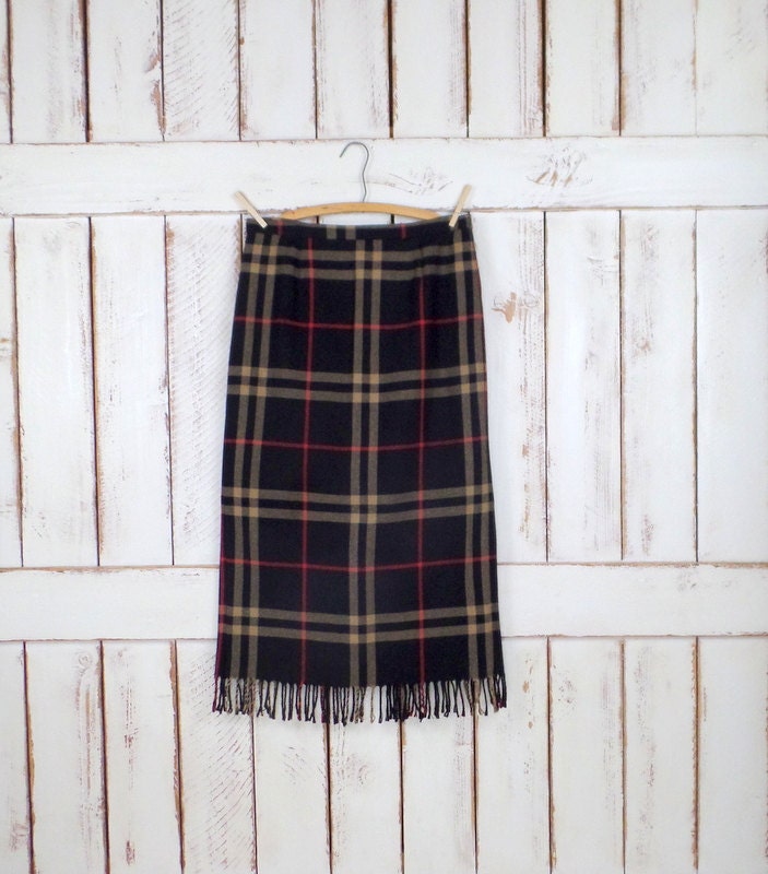 Black/tan/red plaid woven fringe boho skirt/long fringe Tartan