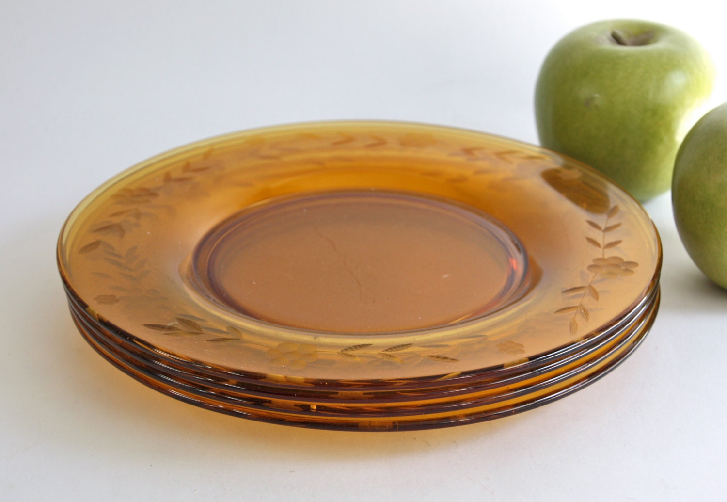 Amber Glass Plate Set for 4 / Thanksgiving Dessert Plate