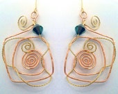 Earring, Dangle, copper, Gold, turquoise Crystal, Wire Work, Valentine's Day, One of a Kind, Statement, fashion
