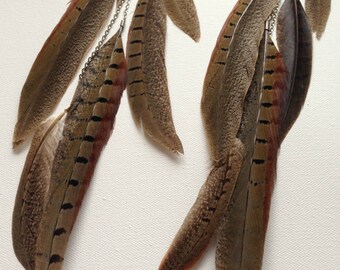 Feather Earring - Unique Long Feather Earring with Humanly Collected Pheasant Feathers and Silver Arrow Pendants