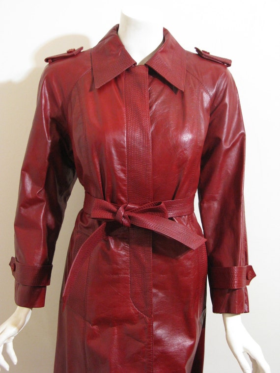 70s vintage red leather trench coat
