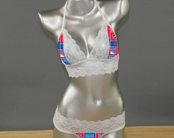 Sexy handmade with NHL New York Rangers fabric with white scallped lace accent top with matching G string panty lingerie set