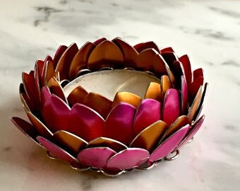 Pink and Orange Lotus Candle Holder, Chainmaille Lotus Candle Holder, Lotus Blossom, Pink and Orange Candle Holder, Asian Decor