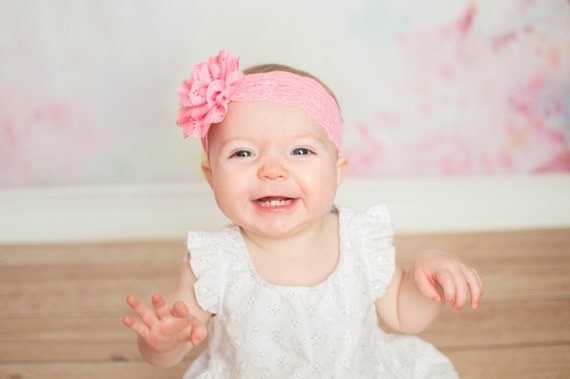 205 New baby headband make your own 929 Pink Baby Headband   Baby Pink Eyelet Flower and Lace Headband   Photo   