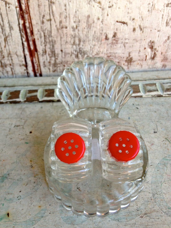 shell glass Salt and Pepper Shakers vintage red plastic lids