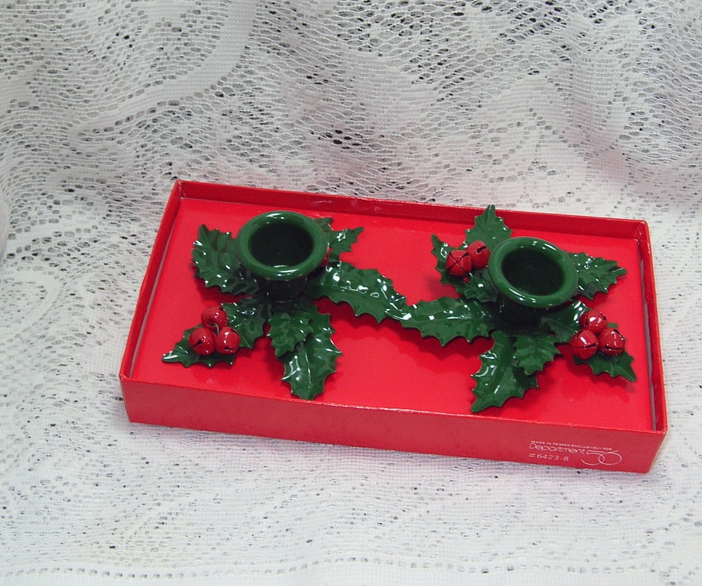 Vintage Holly Bell Candle Adapter Pair Enameled Metal Dept 56