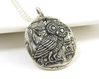 Silver Owl Pendant Necklace, Antique Pewter Bird Reversible Nature Jewelry, Athena's Owl Greek Mythology |GS1-23