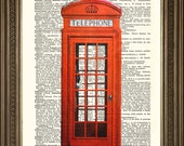Teléfono Rojo Caja Impresión: Cabina Teléfono Británica Tradicional, Diccionario Vintage Página Arte Regalo de colgante de pared antiguo (8 x 10 ")