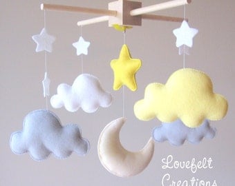 Baby mobile - cloud mobile - moon clouds mobile - yellow and gray mobile